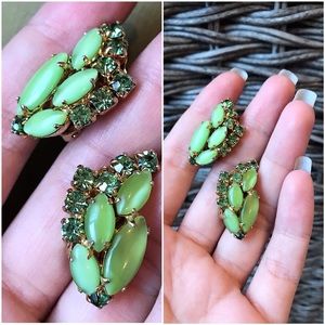 Vintage 60s Lime Green Rhinestone & Glass Earrings